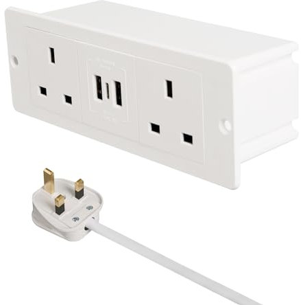 White 2AC+3USB Desk Power Strip with USB C PD20W, Recessed Power Extension Lead for Home Office
