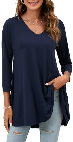 Enmain Women's Tunic Tops Long Sleeve Ladies Plus Size Tops 3/4 Sleeves V Neck Casual Baggy Blouses for Women Tunic to Wear with Leggings Navy Blue, 2XL