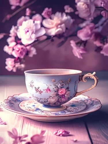 Pintar por Numeros Adultos Niños DIY Pintura por Numeros 80x100cmCuadros para Pintar por Numeros Kit con Pinceles y Pinturas Acrilicos, para Pintar Pinturas Decor Hogar Regalos - Taza de té flor V-25