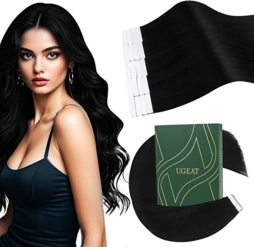 Ugeat Echthaar Extensions Tape 55cm Schwarz Glatt Extensions Echthaar Tape Extensions Schwarz Haarverlängerung Tape für Frauen 20 Stück 50 Gramm #1