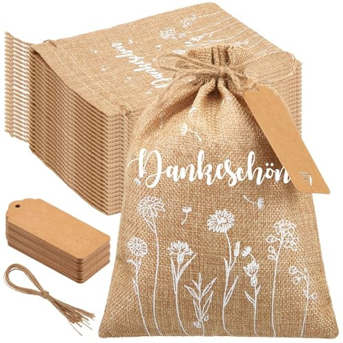 Faccito 12 Set Geschenktüten Dankeschön Jutesäckchen 17 x 23 cm Geschenkbeutel mit Kordelzug und Geschenkanhänger Mitgebsel Jutebeutel für Hochzeit Geburtstag Taufe Konfirmation Kommunion Weihnachten