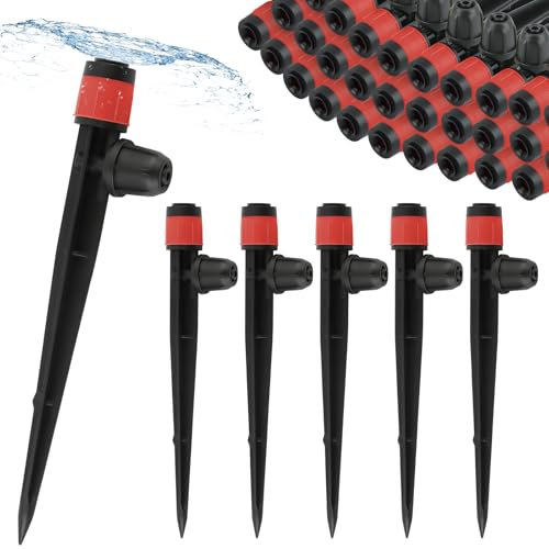 Kalolary 50PCS 1/4 Drip Irrigation Drippers with Lock, Drip Irrigation Emitters for 4/7mm Tube, Adjustable 360 Degree Vortex Water Flow Sprayer Micro Spray Drip System Parts for Lawn Yard Pot (Red)