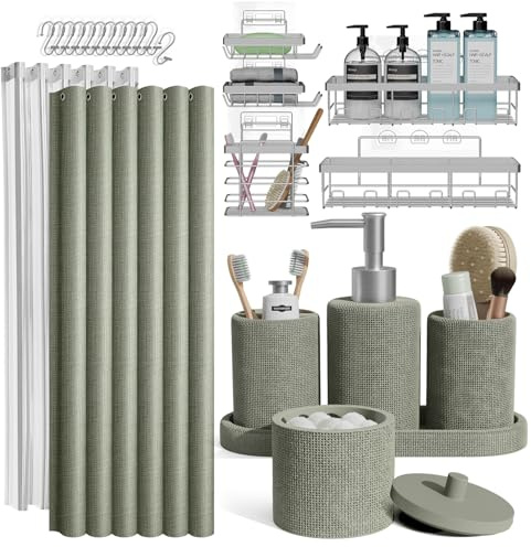Clara Clark Sage Green Bathroom Set - Bathroom Accessories Set, 24PC Bathroom Accessory Set, Bathroom Sets with Shower Curtain Set, Adhesive Corner Shower Caddy Hanging & Soap Dispenser