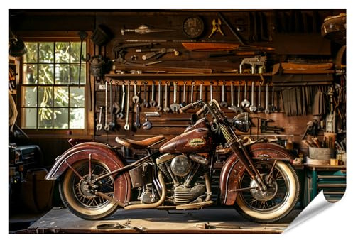 islandburner XXL Bild Poster Klassisches Motorrad in der Werkstatt für Garage Motorrad-Enthusiasten Werkstatt Premium Bilder Fotodruck