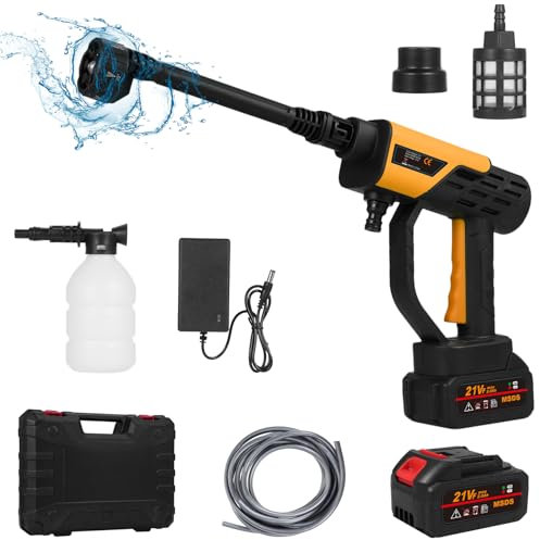 Mulcort Nettoyeur haute pression sans fil 21 V, 30 bar/435 psi, nettoyeur haute pression portable avec 2 batteries, buse 6 en 1, canon à mousse, tuyau de 16 pieds pour arroser, nettoyage, lavage de