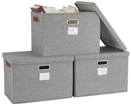 Bagnizer 3PCS Storage Boxes with Lids Foldable Fabric Large Storage Bins Stackable Storage Baskets for Shelves Organizer Bins for Clothes Wardrobe Grey Collapsible Decorative Storage 43x30x30cm