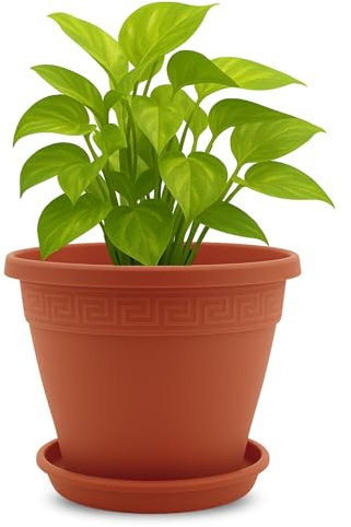 TECHZOCO Macetero con Plato, Maceta Redonda clásica de plástico con Plato, Tiesto para Plantas, Fabricado en Polipropileno, 33 cm Altura x 42 cm Diámetro Superior x 23 cm Diámetro Base, Terracota