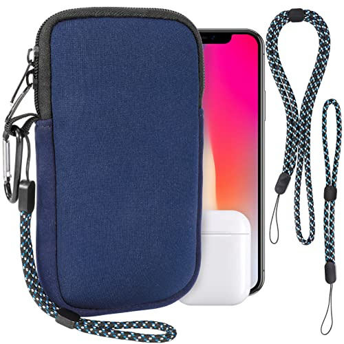 Pwsap Phone Sock,Universal Shock Impact Resistant Large Neoprene Phone Pouch Bag with Carabiner and Lanyard Strap Sleeve Case for Hiking Travelling Fits Phones up to 7.5 Inches,Dark Blue,L