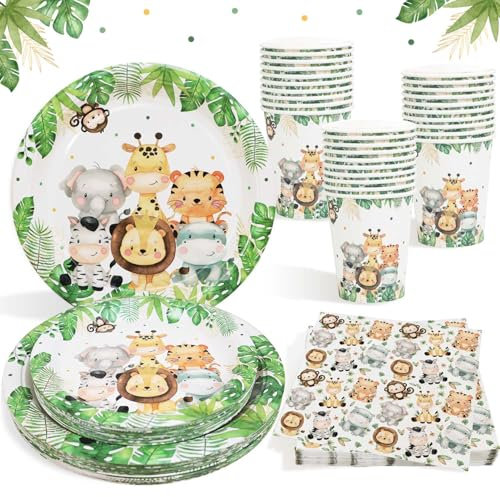 Heboland Assiette Jungle Anniversaire pour 25 Invités, 100pcs Safari Thème Animaux Réutilisable Vaisselle Serviettes Gobelets pour Decoration Garçons Filles, Deco Baby Shower