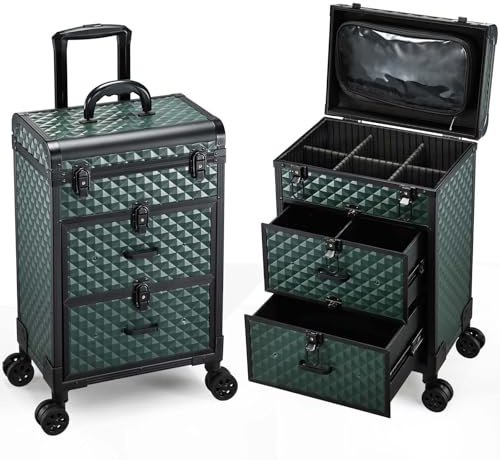Kosmetik Trolley mit 2 Schubladen Friseurkoffer Groß Kosmetikkoffer Ngaelkoffer Make up Koffer mit 360° drehbare Rollen Schminkkoffer Abschließbarer Nageldesign Koffer Werkzugkoffer,Dunkelgrün