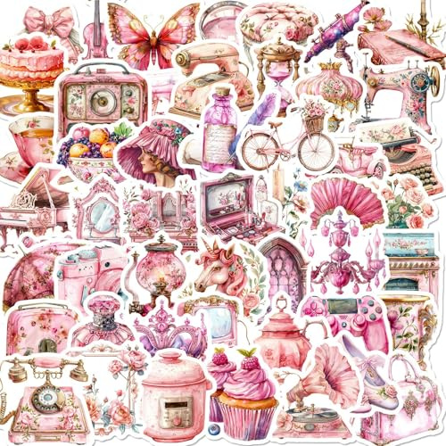 50Pcs Vintage Pink Stickers for Adults Children, Cute Scrapbook Stickers Waterproof Vinyl Aesthetic Stickers Decals for Skateboard Guitar Car Laptop Water Bottles Journal