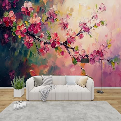 AevuCub Cherry Blossom Wall Mural - Pink Floral Mural Wallpaper for Living Room, Bedroom Decor, Oil Painting Wall Art, Non-Woven Photo Wallpaper 3D Effect, 366x254 cm