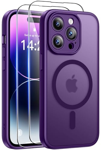 Qasyfanc Funda para iPhone 14 Pro Compatible con MagSafe, Morado Oscuro | Circulo Magnetico, 2 Protector Pantalla,Protección De Cámara, Carcasa Antigolpes, Anti-Arañazos Respaldo