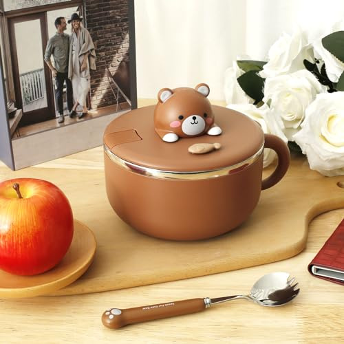 1200ml Noodle Bowl, Cute Cartoon Animals Ramen Bowls with Airtight Lid, Handle and Fork-spoon, Stainless Steel Portable Soup and Sandwich Bowls, Pot Noodle Salad Pasta Gift Set for Office College Dorm