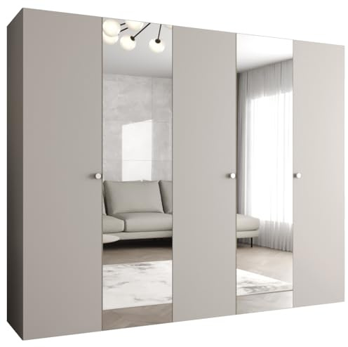 MEBLE KRYSPOL - Kleiderschrank - Garderobenschrank - 250 cm x 202 x 52 cm - Schrank mit Kleiderstange und Spiegel, 5 Türen - für Schlafzimmer, Flur - Parma, Kaschmir, Griff Silber