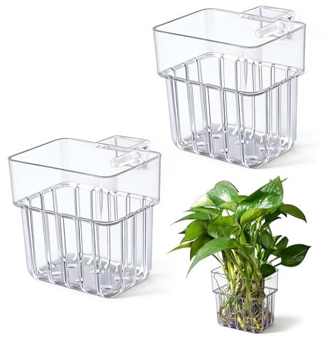 Hontaog Soporte para plantas de acuario, 2 unidades, cesta colgante para acuario, maceta transparente con agujeros para tanque de peces, acuaponia, cultivo de plantas