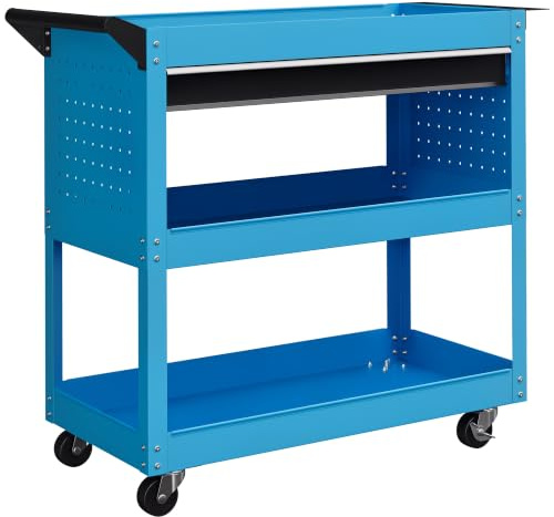 HOMCOM Werkstatt-Rollwagen, Werkstattwagen, Montagewagen, 60 kg, Blau | Werkzeugwagen mit 3 Ebenen, Transportwagen mit Schublade