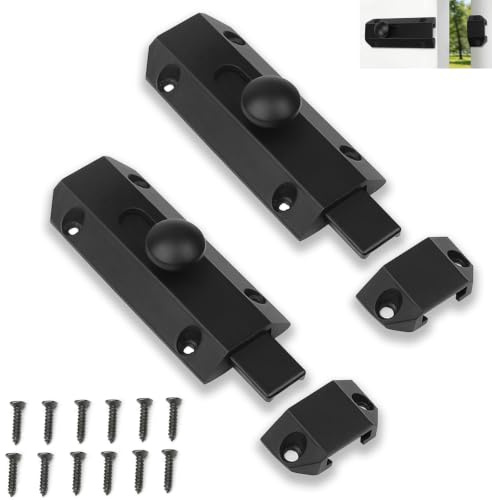 2 Pack Slide Door Bolt, Heavy Duty Bolt Lock, 4 Inch Door Locks | Zinc Alloy Door Latches for Internal Door, Surface Mounted Security Lock Latch for Bathroom Bedroom Garden Gate Garage, Black