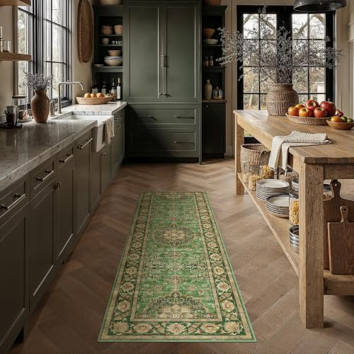 PureCozy Waschbarer LäUfer Flur Teppich 60x180cm rutschfest,Grün Gold | Weich Kurzflor Carpet, Rutschfest, Küche, Bettvorleger,Eingangsbereich, Schlafzimmer, Esszimmer