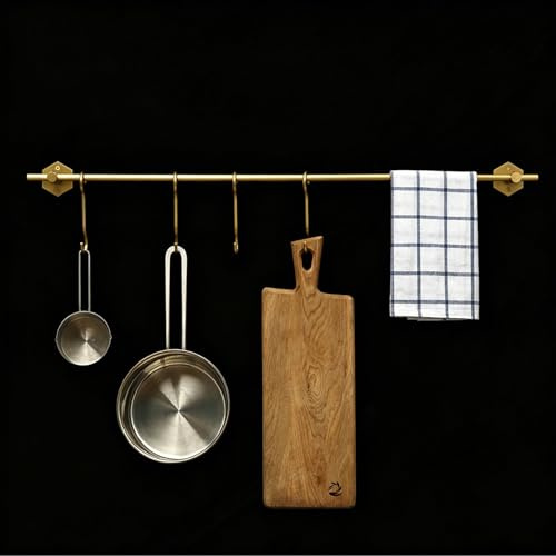 YXLLGS Brass Wall Mounted Kitchen Rail Pot Rack with 5 Hooks, Heavy Duty Utensil Hanging Bar Storage Organizer for Kitchen, Bathroom & Living Room(40cm/15in)
