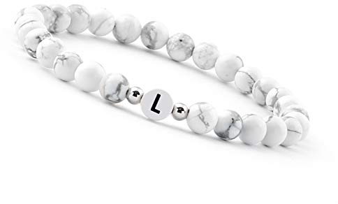 GD GOOD.designs Pärchen Armband mit Buchstaben L I Partnerarmband aus Howlith Perlen (Buchstabe W) - Valentinstag - Geschenk für Sie und Ihn