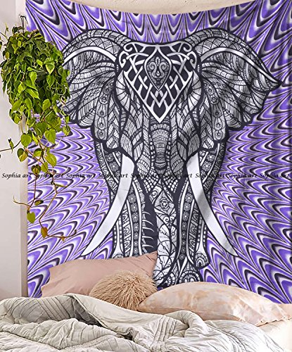 Sophia Art Wandbehang, indisches Hippie-/Boho-/Psychedelisches Elefanten-Mandala, Wandbehang, Bettwäsche, Heimdekoration, 100 % Baumwolle