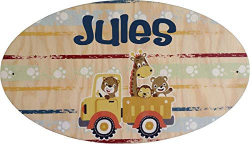 Plaque de Porte en bois personnalisée pour une Chambre d'enfant - Le prénom de la plaque en bois est personnalisable - cadeau de naissance personnalisé bébé Décoration (Animaux Zoo Jungle)
