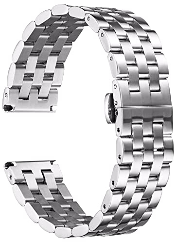 BINLUN Edelstahl Uhrenarmband Poliert Metall Uhrenarmbänder 18mm 19mm 20mm 21mm 22mm 24mm Smartwatch Ersatzarmband für Herren Damen Metallarmband mit Geraden und Gebogenen Ende (Silber, 20mm)
