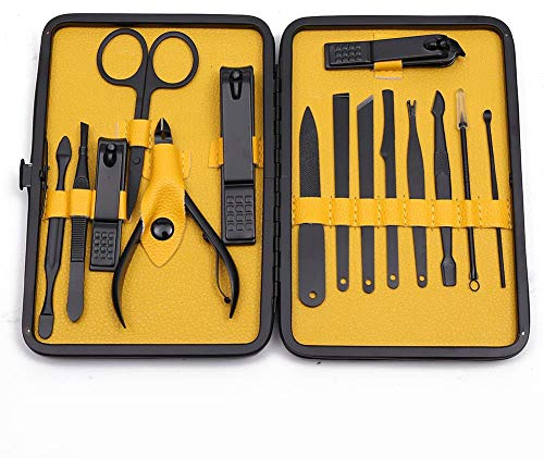 TOPWAY Nail Clippers Manicure Pedicure Professional Grooming Kit for Agnail, Cuticle, Callus, Dead Skin, Blackhead, Acne, Ingrown Hair, Ear, Eyebrow Care Travel Set 15pcs Yellow + Alcohol Pads + Case