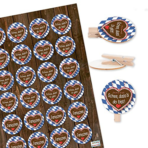 Logbuch-Verlag 48 Aufkleber bayerische Sprüche + 48 Holzklammern mit runder Scheibe Bayern Oktoberfest Deko Set blau weiß rot Partydeko Wiesn Geschenk