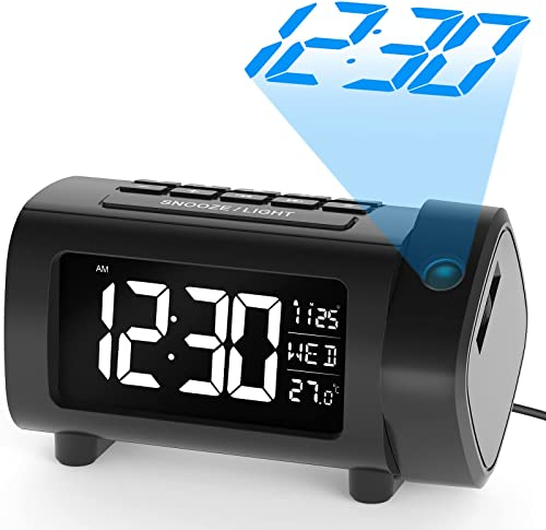 LIORQUE Projection Alarm Clock, Projection Clocks for Bedrooms with FM Radio with Projector, 4-Level Brightness Dimmer, VA Display, Snooze, USB Charger, Digital Alarm Clock for Bedroom