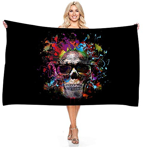 Treer Microfaser Strandtuch, Bunter Schädel 3D-Druck Rechteckig Sunscreen Badetuch Praktische Strandlaken Handtuch Campingdecke Yoga Sporthandtuch für Fitness Strand Pool (150x180CM,D)