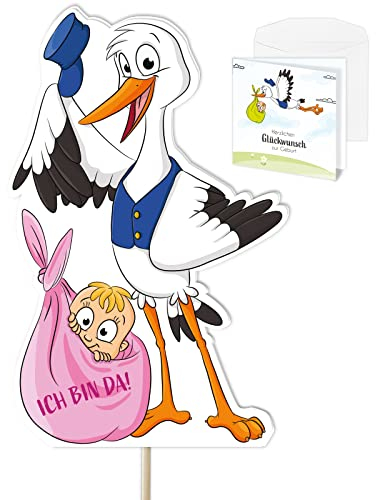 Storch Geburt für draußen I Mädchen Baby I XL 110 cm I Klapperstorch zum Stecken I Wetterfest für draußen I Babystorch Geburtsgeschenk Deko I Set mit Karte