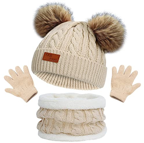 Wintermütze Schal Handschuhe Mädchen Set Kindermütze Strickmütze Mütze Jungen Warme Winter Beanie Hut runder für Kinder 3-8 Jahre