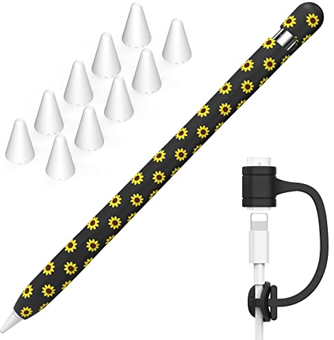 NIUTRENDZ Sunflower Case for Apple Pencil 1st Generation Case Cover Silicone Protective Sleeve Accessories with Apple Pencil Tips Cover & Cable Adapter Tether (Black)
