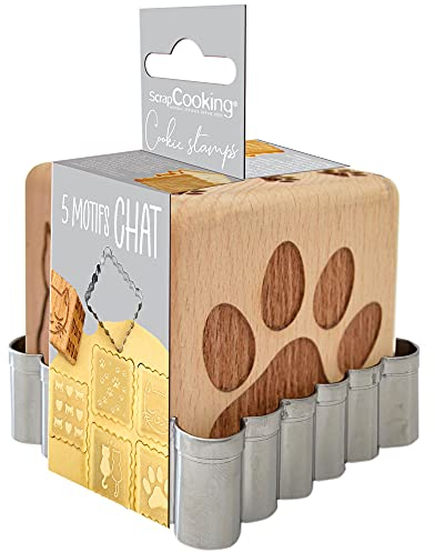 ScrapCooking Tampon Pâtisserie en Bois à Motifs Chat-avec 1 Découpoir Emporte-Pièce Biscuit & Cube Déco avec 5 Faces Gravées en Relief-Moule Décoration-5124, Blanche,noire