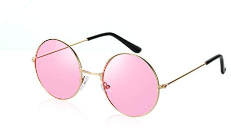 Lennon Style Pink Sunglasses Set with Cloth Case and Cleaning Cloth Flat Lens Round Retro Classic Circle Festival Vintage Unisex Steampunk UV400 Protection