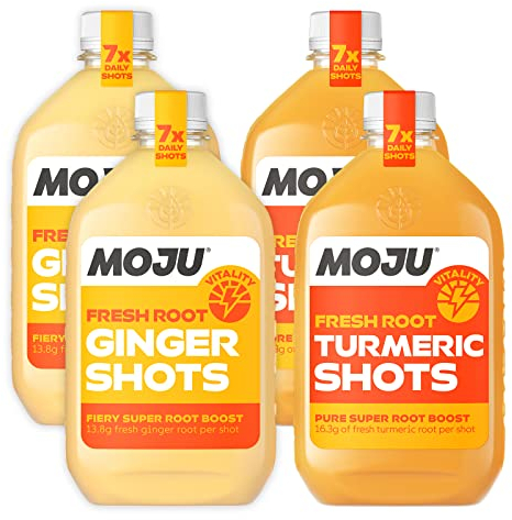 MOJU 2x Ginger, 2x Turmeric Dosing Bottles (4 x 420ml), Morning Wake Up/Afternoon Lift, Whole Ingredients, Nothing Artificial, Vegan, Ginger Shots