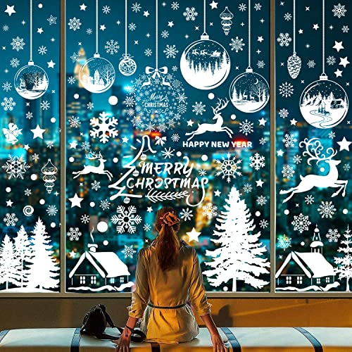 Fensterbilder Weihnachten Selbstklebend für Winter Deko Weihnachtsdeko Fenster, DIY Fensterbilder Weihnachtsaufkleber Weihnachtsmann Schneeflocken Deko für Weihnachts-Fenster Dekoration (E)
