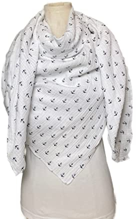 Musselin Halstuch Anker weiss viereckig Musselin Wickelschal Tuch Dreieckstuch Stola Handmade Schal einlagig