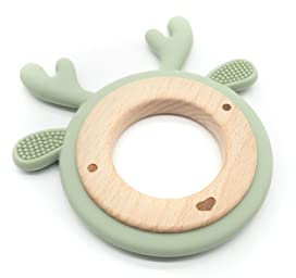 hochwertiger Beißring Hirsch, Reh, Holz, Silikon (phtalatefrei), mit Namen personalisierbar, das perfekte Geschenk zur Geburt oder Taufe (Grün)