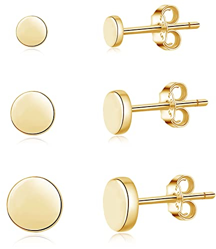 Loutade 925 Sterling Silber Ohrstecker Set - 3 Paare Runde Flache Dot Ohrringe, 4/5/6mm Klein Scheibe Gold, Unisex Zierliche Knorpel Tragus Helix