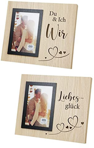 GILDE 2er Set LED Fotorahmen Liebesglück und Du & Ich - Wir naturfarben mit eingeschnitzten Sprüchen und LED-Beleuchtung - ideal als Geschenk für Verliebte und Paare