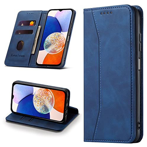 Leaisan Handyhülle für Samsung Galaxy A14 5G/4G Hülle Premium Leder Flip Klappbare Stoßfeste Magnetische [Standfunktion] [Kartenfächern] Schutzhülle für Samsung A14 5G/4G Tasche - Blau