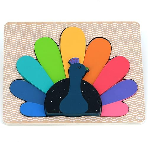 Vilac Wooden Animal Shape Puzzle, Montessori Game, 2+ Years, Peacock Theme Illustrated by Graphic Designer Andy Westface