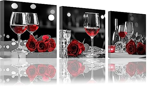 LZIMU Schwarz weißes und rotes Bild auf Leinwand 3 Stück Rotwein mit Rose Leinwandbild romantisches Kunstwerk für Esszimmer Wanddekoration Gerahmt(2, 25x25cmx3 Stück)