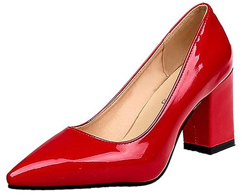 Décolleté da Donna in Pelle Verniciata con Tacco Quadrato da 7,5 cm Scarpe Classiche Décolleté con Punta a Punta Party Plus Size,Rosso,43 EU