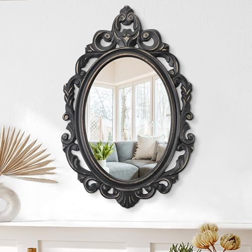 Schwarzer ovaler Holzrahmen, Vintage-Wandspiegel, geschnitzter Hängespiegel für Wand, dekorativer antiker Spiegel, ästhetisch, für Waschtisch, Schlafzimmer, Wohnzimmer, Küche, Eingangsbereich, 60 x 40