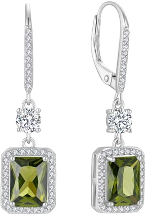 FJ Quadrat Prinzessschliff Hängend Ohrringe Damen 925 Sterling Silber Solitaire Halo Peridot Ohrringe August Geburtsstein Schmuck Geschenke für Frauen