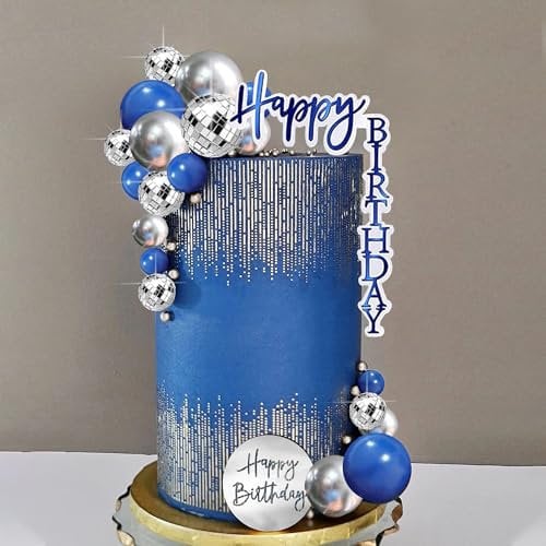 DRWATE Man Cake Topper Blue Silver Disco Ball Cake Topper Boho Cake Topper Decorations for Navy Blue Boho Wedding Man Boy Birthday Party Baby Shower Supplies (Blue 02)